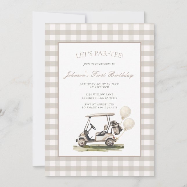 Invitación Neutral Gingham Golf Cart Boy Birthday  (Anverso)