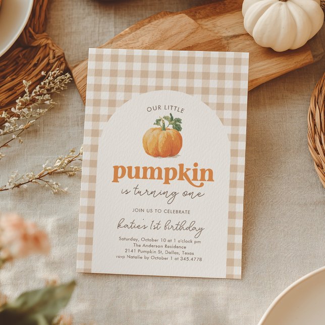 Invitación Neutral Gingham Pumpkin 1er cumpleaños (Subido por el creador)