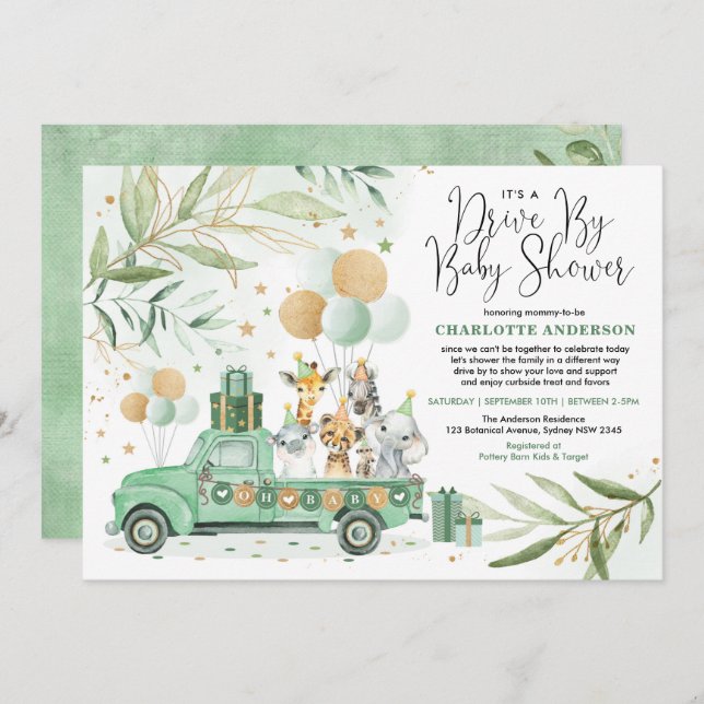 Invitación Neutral Greenery Gold Safari Drive De Baby Shower (Anverso / Reverso)