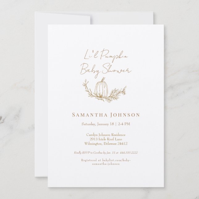 Invitación Neutral Li'l Pumpkin Ecru Baby Shower (Anverso)