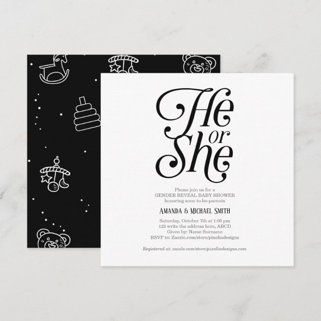 Invitación Neutral, moderna, reveladora de género (Anverso / Reverso)