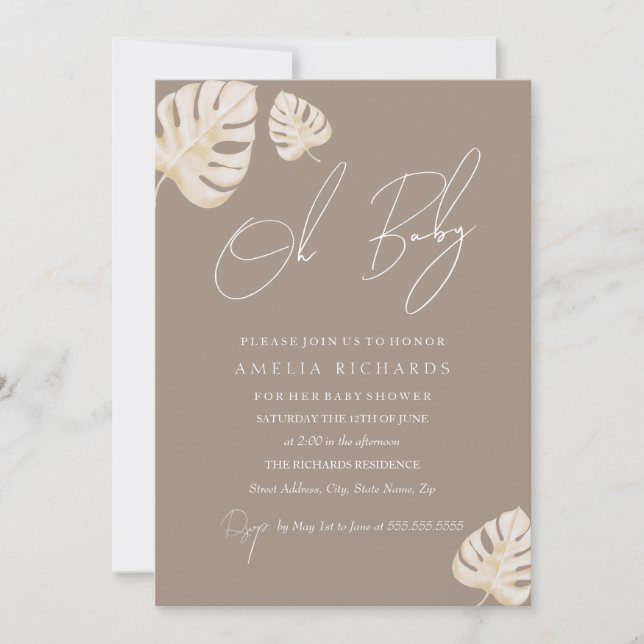 Invitación Neutral Oh Baby Boho Leaf Baby Shower (Anverso)