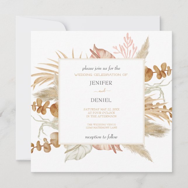 Invitación Neutral Palm and Pampas Flower Decor Wedding (Anverso)