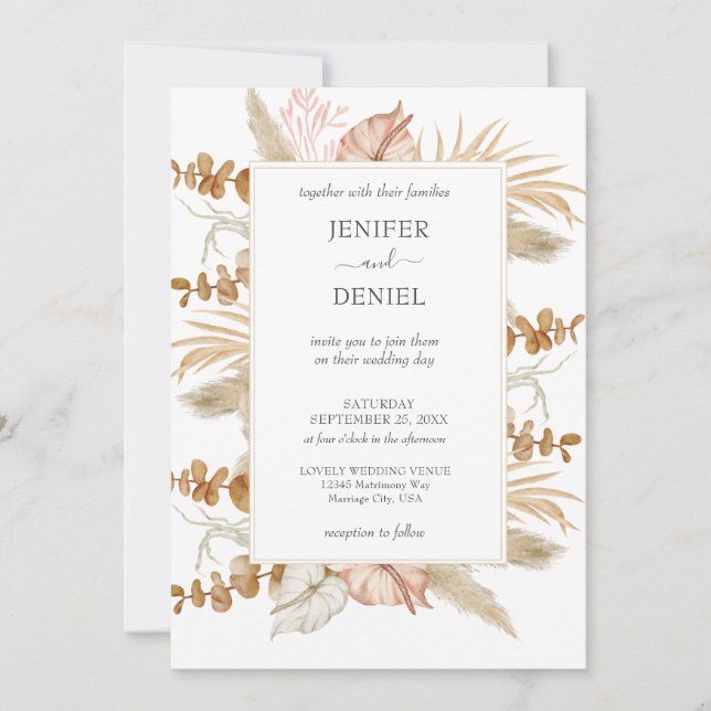 Invitación Neutral Palm and Pampas Flower Decor Wedding (Anverso)