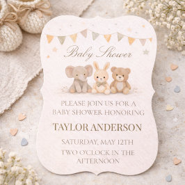 Invitación neutral para baby shower con animales