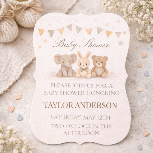 Invitación neutral para baby shower con animales (Neutral baby shower with soft animal trio and warm beige watercolor charm)