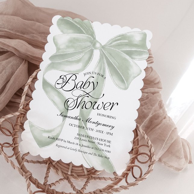 Invitación neutral para baby shower con lazo coque (Subido por el creador)