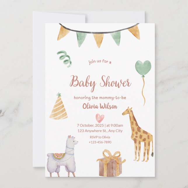 invitación neutral para baby shower de animales be (Anverso)