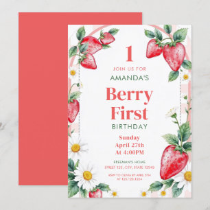 Invitación Neutral Pastel Strawberries Daisies 1º cumpleaños