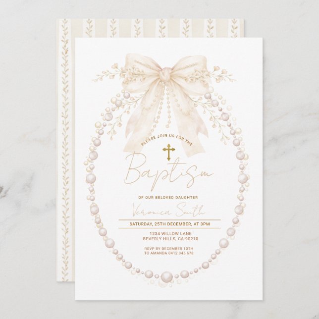 Invitación Neutral Pearl Oval Watercolor Girl Christening (Anverso / Reverso)