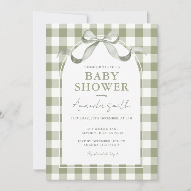 Invitación Neutral Preppy Sage Bow Baby Shower (Anverso)
