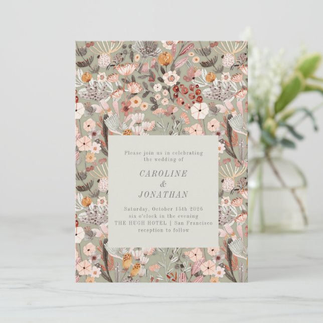 Invitación Neutral Rústica Tierra Tones Floral Boho Boda (Anverso de pie)