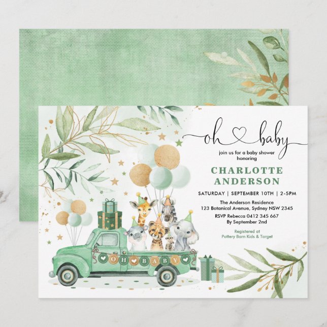 Invitación Neutral Safari Animales Greenery Gold Baby Shower (Anverso / Reverso)