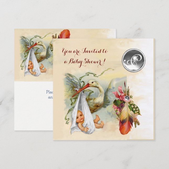 INVITACIÓN NEUTRAL STORK BABY SHOWER BLANCO GEMSTONE MONOGRAM (Anverso / Reverso)