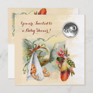 INVITACIÓN NEUTRAL STORK BABY SHOWER BLANCO GEMSTONE MONOGRAM