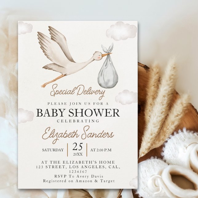 Invitación Neutral Stork Baby Shower – Sky with White Stork (Subido por el creador)