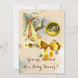 INVITACIÓN NEUTRAL STORK BABY SHOWER YELLOW GEMSTONE MONOGRAM