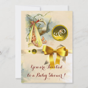 INVITACIÓN NEUTRAL STORK BABY SHOWER YELLOW GEMSTONE MONOGRAM