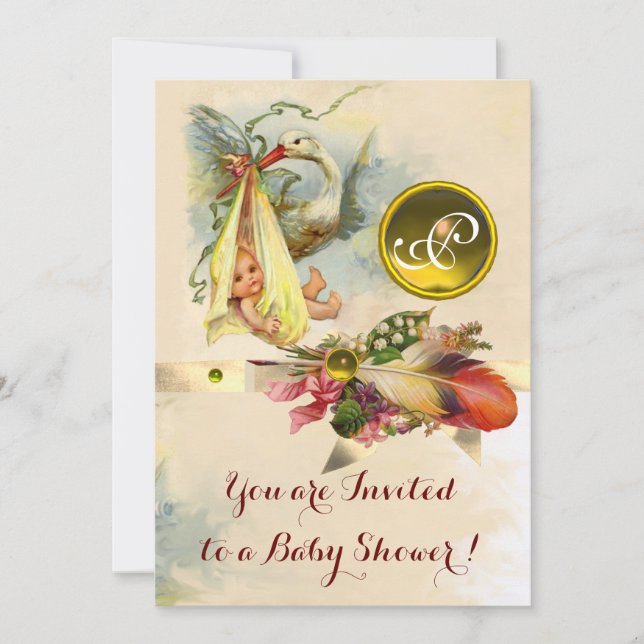 INVITACIÓN NEUTRAL STORK BABY SHOWER YELLOW GEMSTONE MONOGRAM (Anverso)