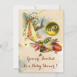 INVITACIÓN NEUTRAL STORK BABY SHOWER YELLOW GEMSTONE MONOGRAM