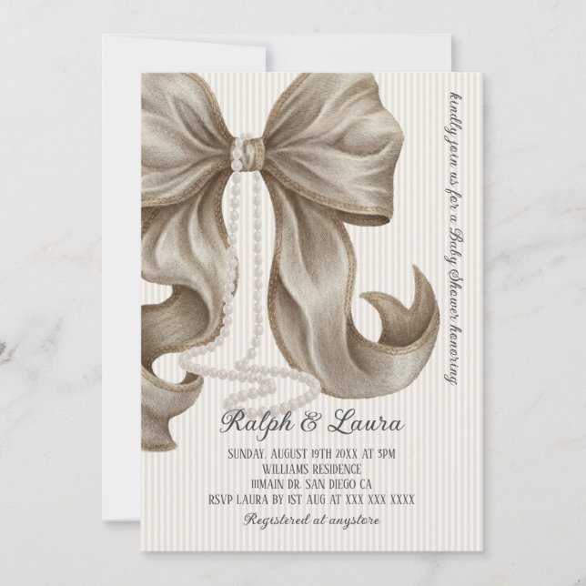 Invitación Neutral Striped Bow Girl Baby Shower (Anverso)