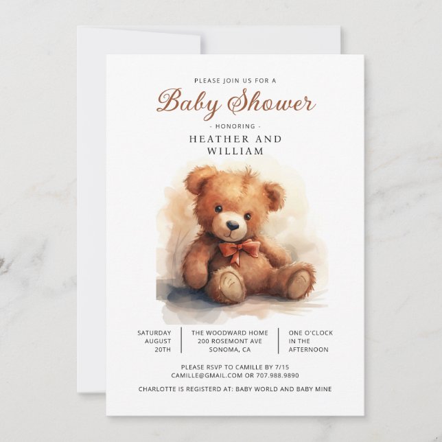 Invitación Neutral Teddy Bear Baby Shower  (Anverso)