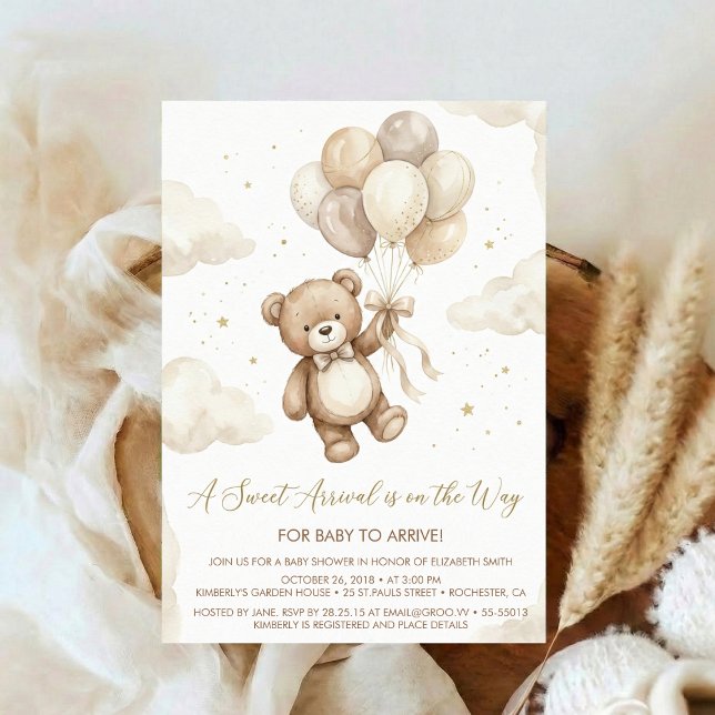 Invitación Neutral Teddy Bear Baby Shower bow Green Balloons (Subido por el creador)