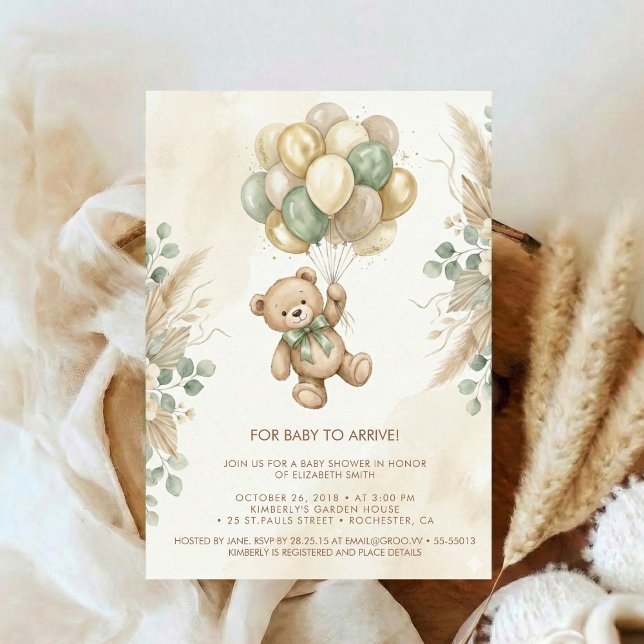 Invitación Neutral Teddy Bear Baby Shower flower Green (Subido por el creador)