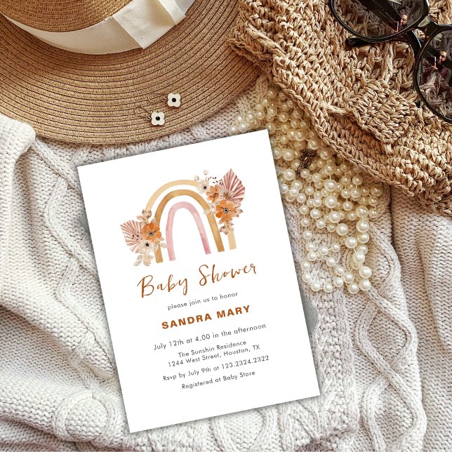 Invitación Neutral Terracotta Boho Rainbow Floral Baby Shower (Neutral Terracotta Boho Rainbow Floral Baby Shower Invitation)