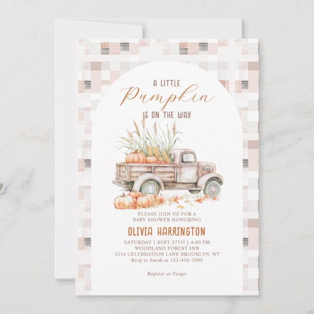 Invitación Neutral Un pequeño camionero de calabaza Baby Show (Anverso)