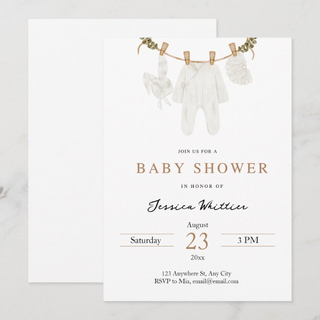 Invitación Neutral Watercolor Baby Clothes Baby Shower (Anverso / Reverso)