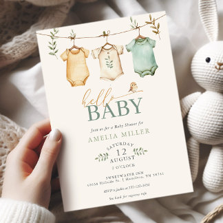 Invitación Neutral Watercolor Baby Clothesline Baby Shower