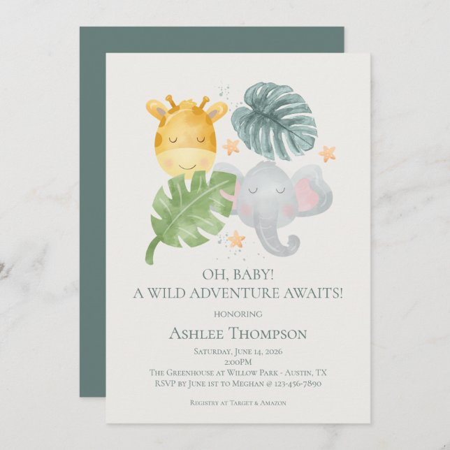 Invitación Neutral Watercolor Jungle Animals Baby Shower (Anverso / Reverso)