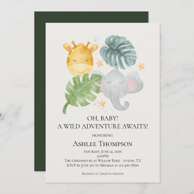 Invitación Neutral Watercolor Jungle Animals Baby Shower (Anverso / Reverso)