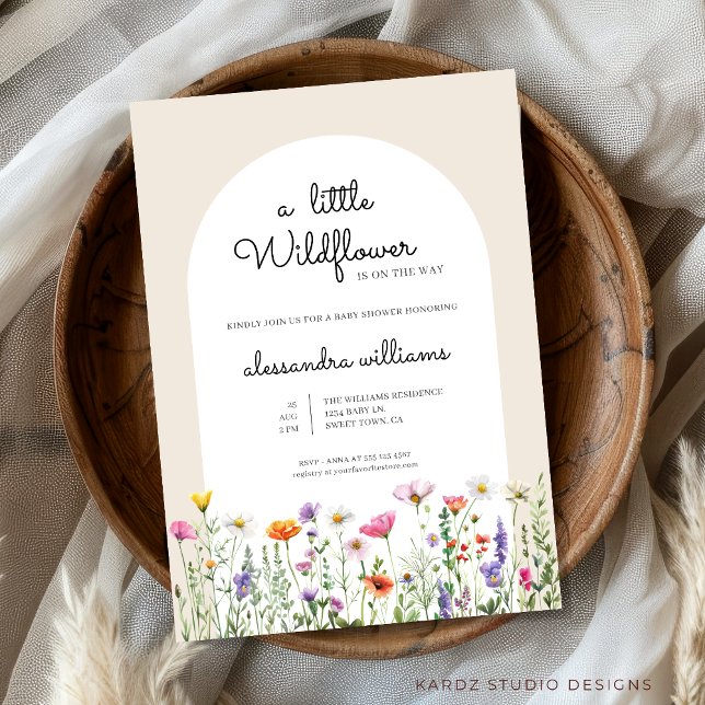 Invitación Neutral Watercolor LIttle Wildflower Baby Shower (A little wildflower is on the way baby shower invitation, personalize easily this template online.)