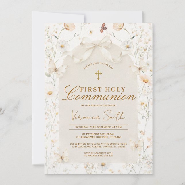 Invitación Neutral Wildflower Ivory First Holy Communion (Anverso)