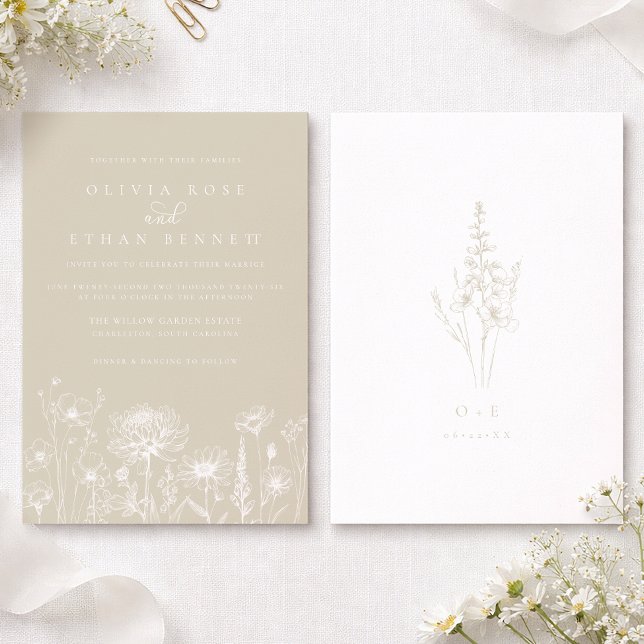 Invitación Neutral Wildflower Line Art Wedding Invitation (Wildflower Cream Wedding Invite)