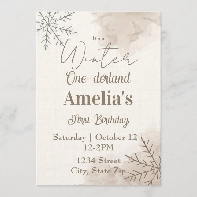 Invitación Neutral Winter First Birthday Invitation – Minimal (Anverso)