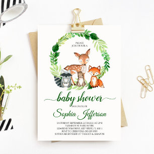 Invitación Neutral Woodland Baby Shower Forest Animals Green