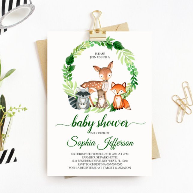 Invitación Neutral Woodland Baby Shower Forest Animals Green (Subido por el creador)