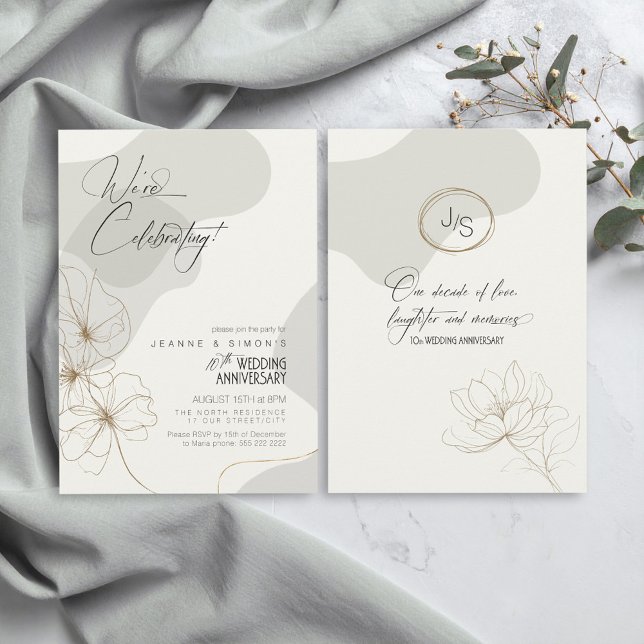Invitación Neutrales de 10 Aniversario de la Floral Cursiva I (Subido por el creador)