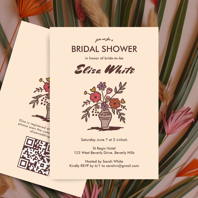 Invitación Neutrales de la vesícula floral Shower Bridal Whim (Floral Vase Neutrals Whimsical Bridal Shower QR Invitation
)