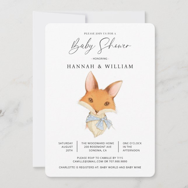Invitación Neutralidad de género de la Baby Shower de la Fox  (Anverso)