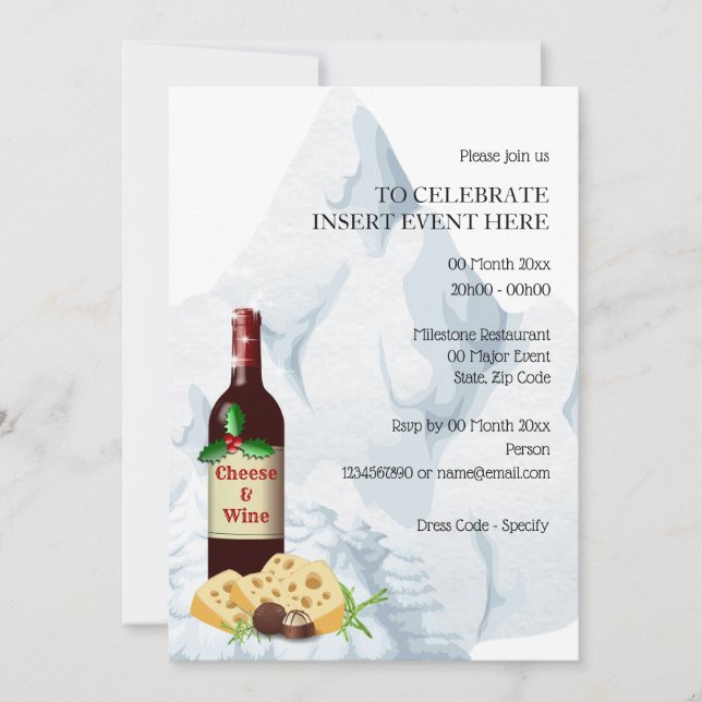 Invitación Nevada de invierno de queso de vino de vacaciones (Anverso)