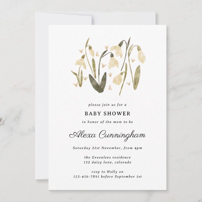 Invitación Nevada floral neutra hermosa ducha bebé (Anverso)