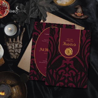 Invitación Nevermore Damask Borgoña Lujo Halloween 