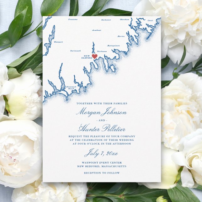 Invitación New Bedford MA Map Elegant Navy Blue Wedding (New Bedford MA Wedding Invitation in Elegant Navy Blue by Coastal Map Designs)