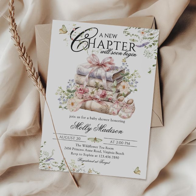 Invitación New Chapter Begin Floral Bow Book Book Baby Shower (Subido por el creador)