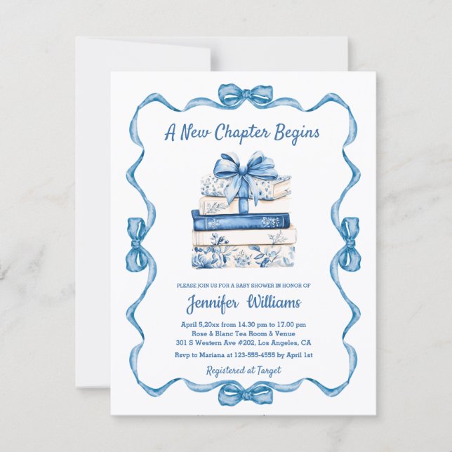 Invitación  new chapter begins blue ribbon books baby shower  (Anverso)