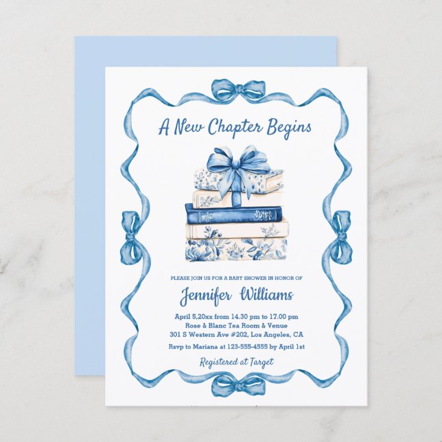 Invitación  new chapter begins blue ribbon books baby shower  (Anverso / Reverso)